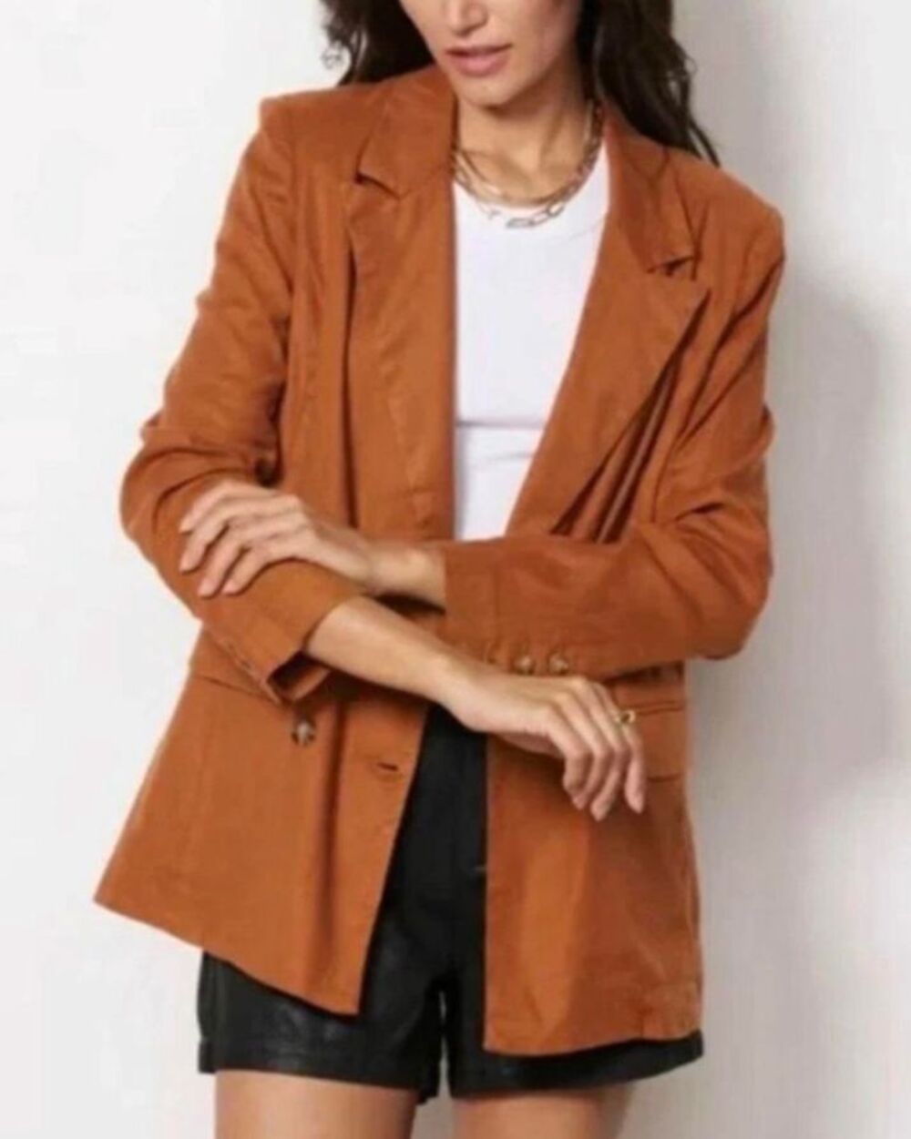 Evereve Alexa Double Breasted Blazer Caramel Cafe Rust Brown Linen Lyocell sz XS